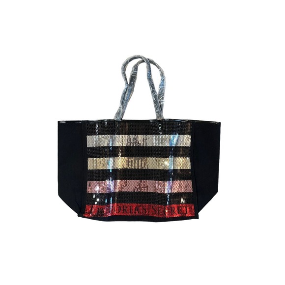 NEW Victorias Secret Large Sequin Tote Bag Black Colorful Stripe Bling Weekender - Picture 1 of 11